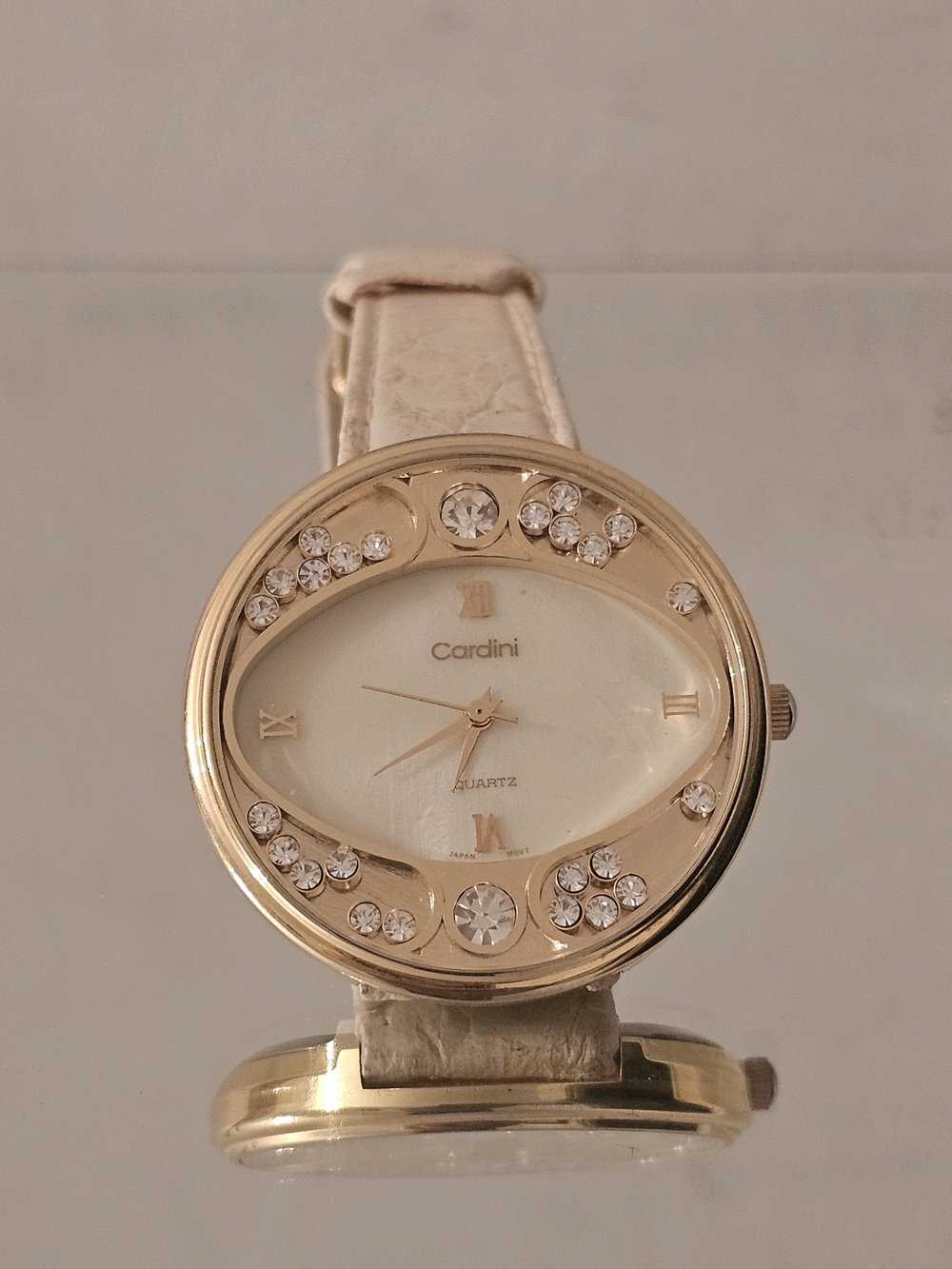 Women's Gold-Tone Crystal Accent Cream Leather Strap Watch